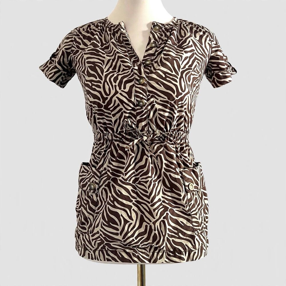 2008 Old Navy Y2K Brown Zebra Print Cotton Cinch Waist Top Womens sz S Pockets
